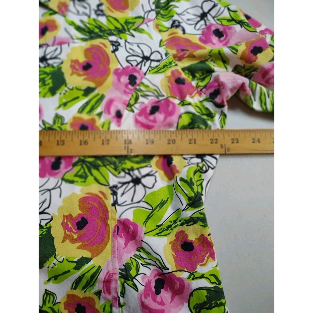 Keren Hart Floral Shacket Shirt Jacket Pockets Size L (Est) Pink Green Stripe - Picture 6 of 13